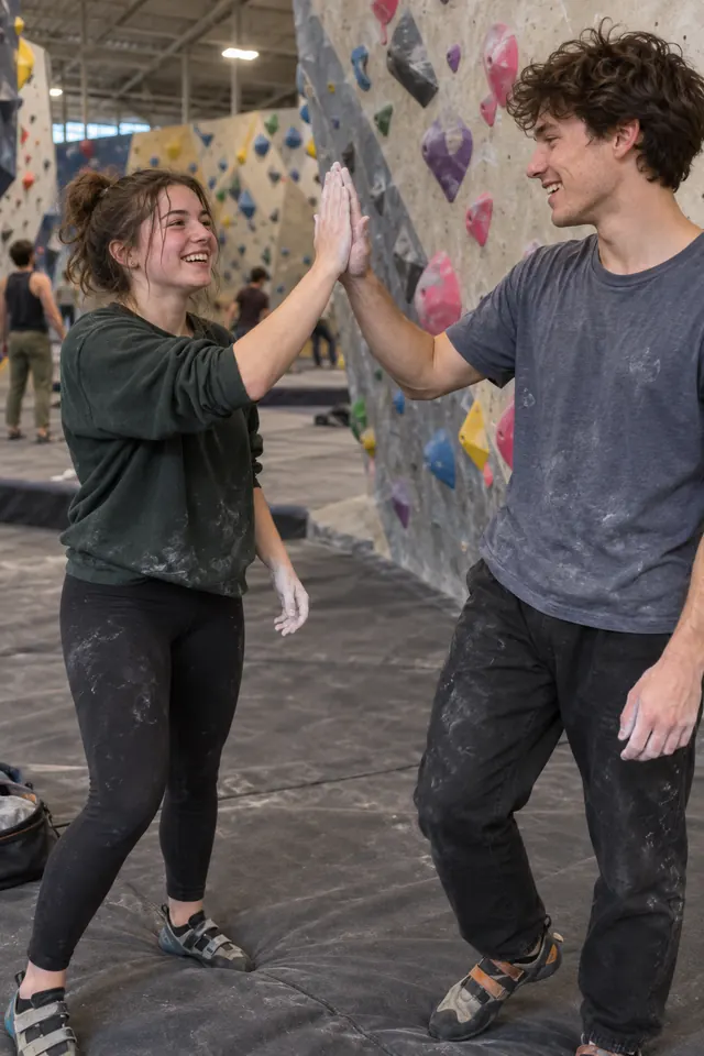 Two students high-fiving at a bouldering gym