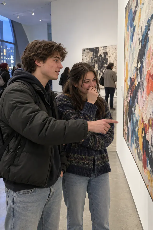 Two students laughing at a painting in a gallery