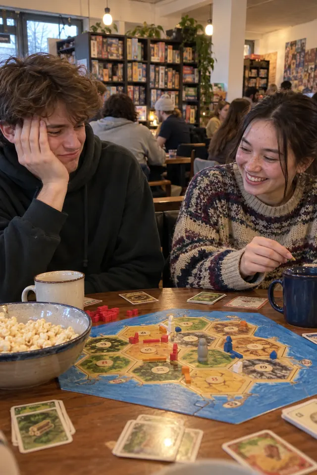 Two students laughing over a board game at a cafe