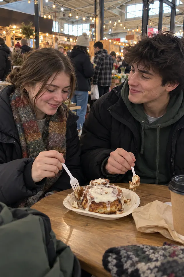 Two students sharing a cinnamon bun at a winter market