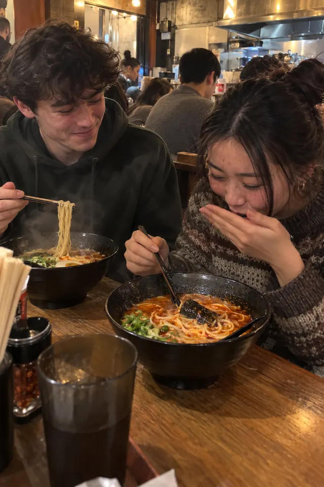 Two students laughing over ramen