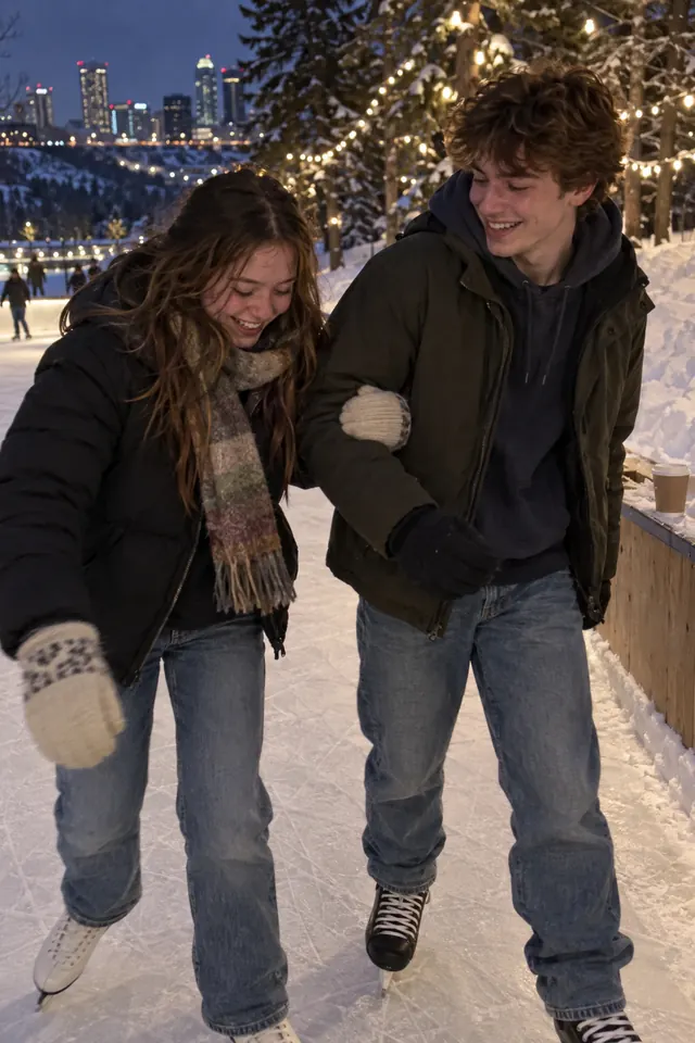 Two students skating under string lights