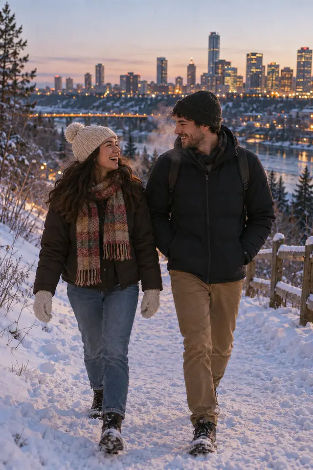 Two students walking a snowy river valley trail at dusk